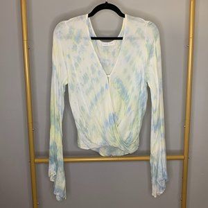 Emory Park Blue and Green Tie Die Flowy Long Sleeve Blouse Top Women's Size Sm